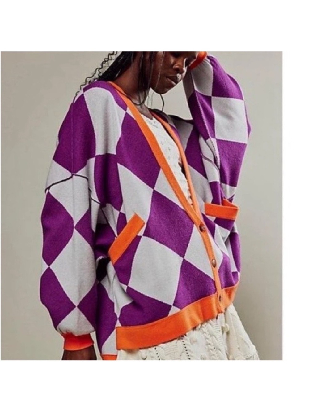 We The Free Small Sweater Manny Cardi purple combo argyle cardigan Free People - Picture 3 of 10